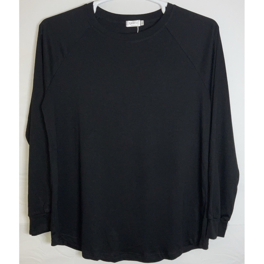 NWT Women's Qearal Long Sleeve Oversized Basic Black T-Shirt Crew Neck Large